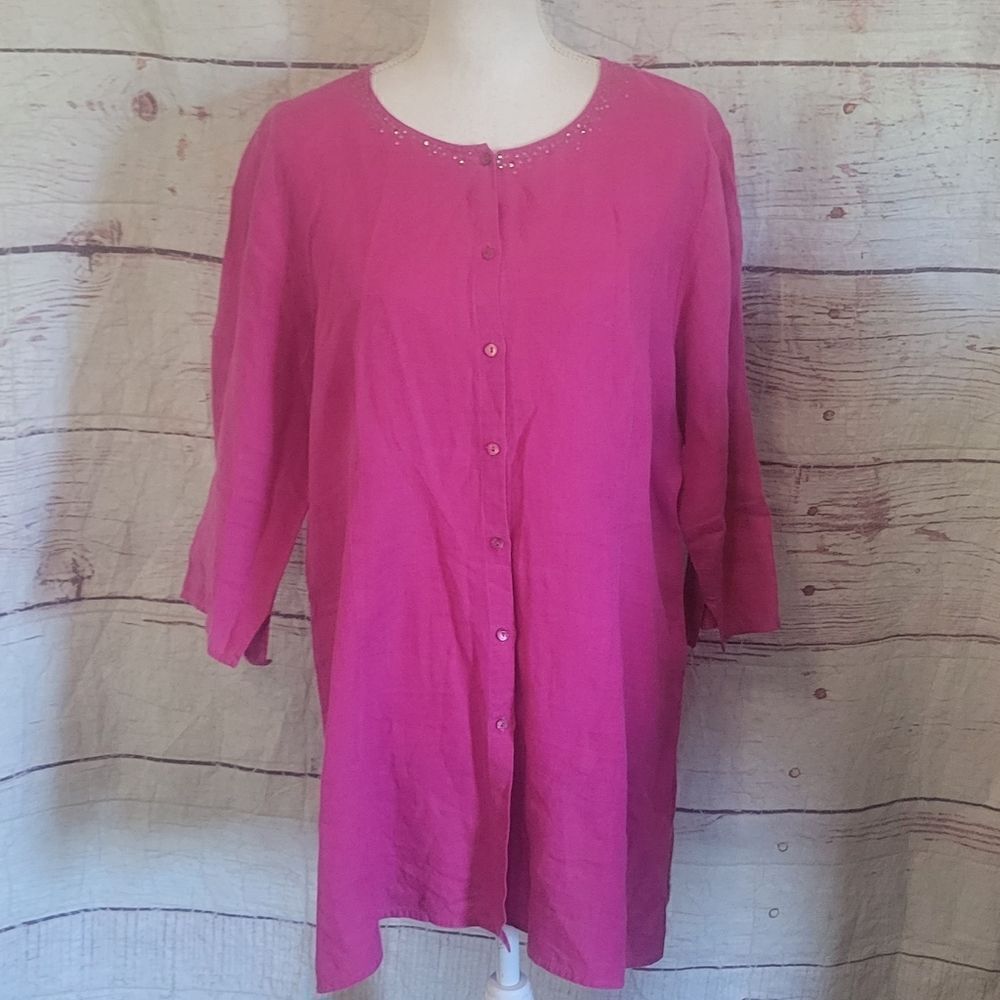 Eileen Fisher Irish Linen Sequin Accented Button Front Magenta Size Large